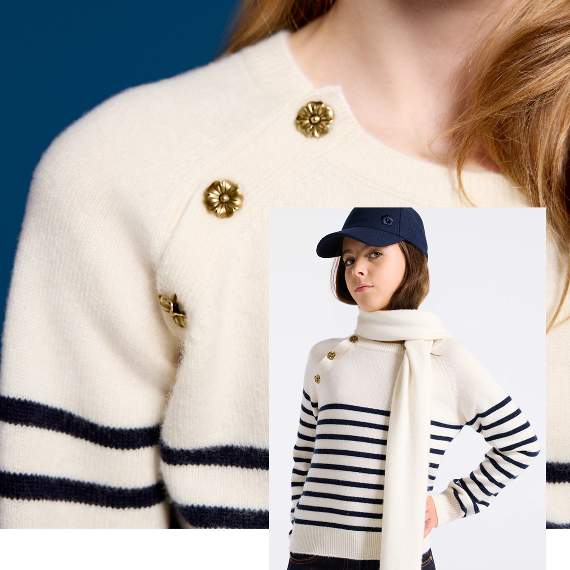 Scopri il maglione a righe in cashmere e la sciarpa coordinata