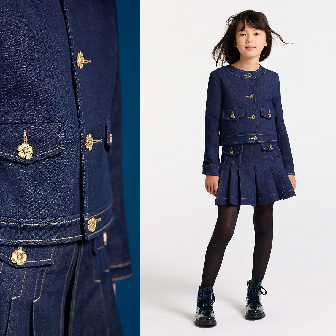 Scopri il completo in denim grezzo con giacca corta e gonna plissettata