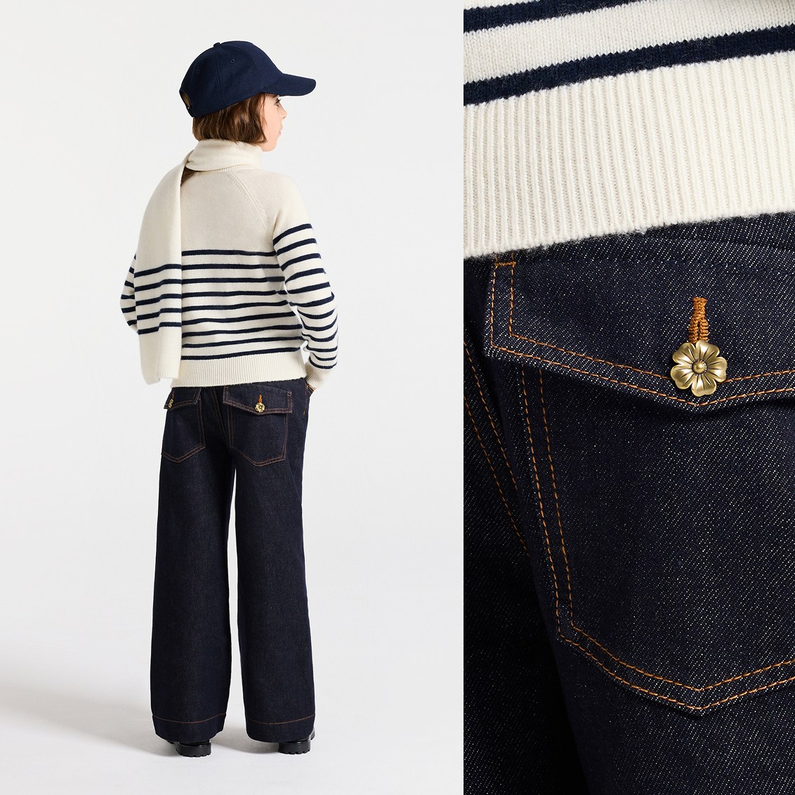 Jeans larghi in denim grezzo da abbinare al maglioncino in stile marinaro